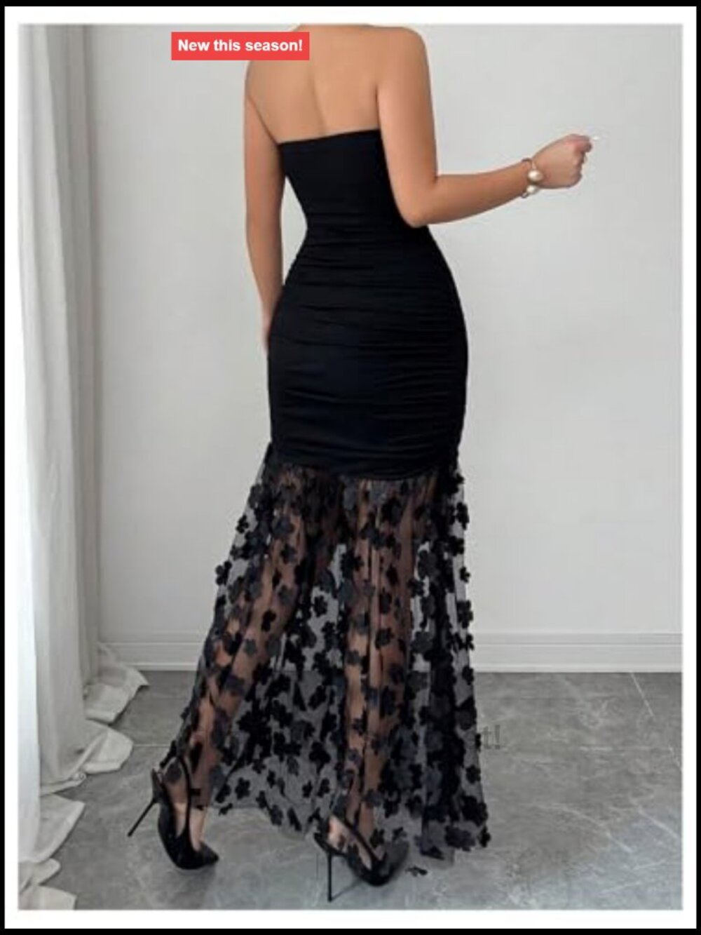 Strapless Maxi Dress 3D Flower Mesh Ruched Bodycon - Picture 3 of 5